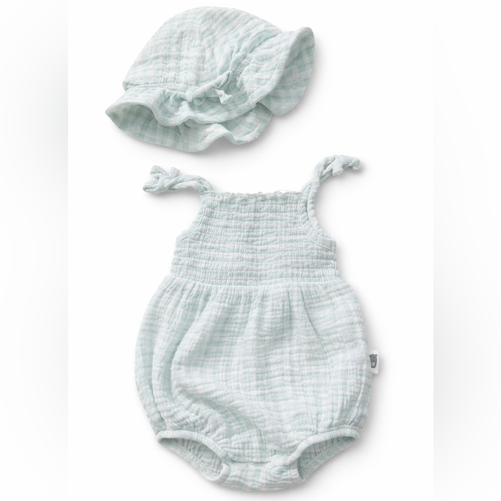 Rabbit + Bear | Organic Cotton Baby Romper & Sun Hat Set | 6-9M | Mint Muslin
